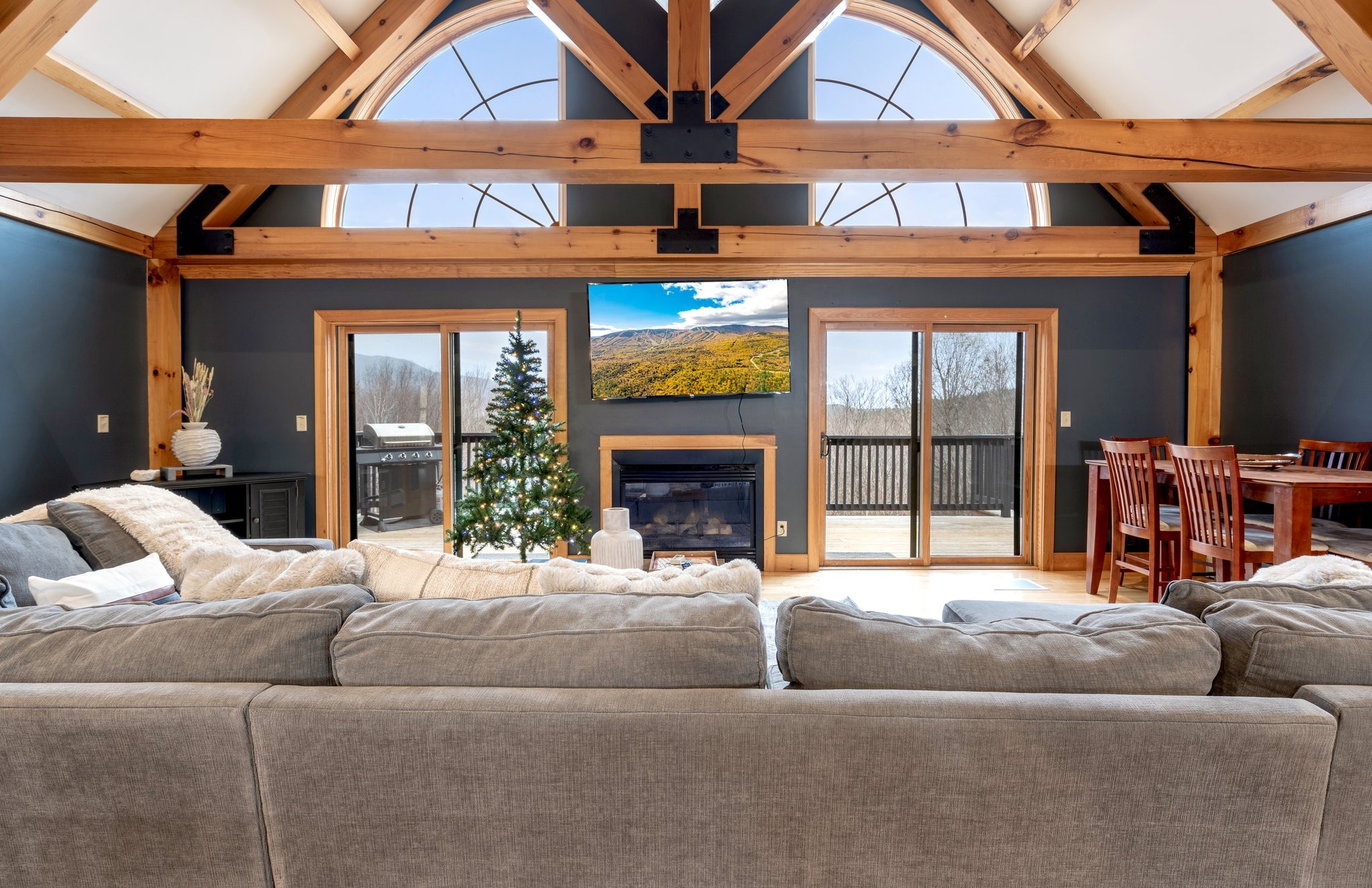 Vaulted living room with wood beams