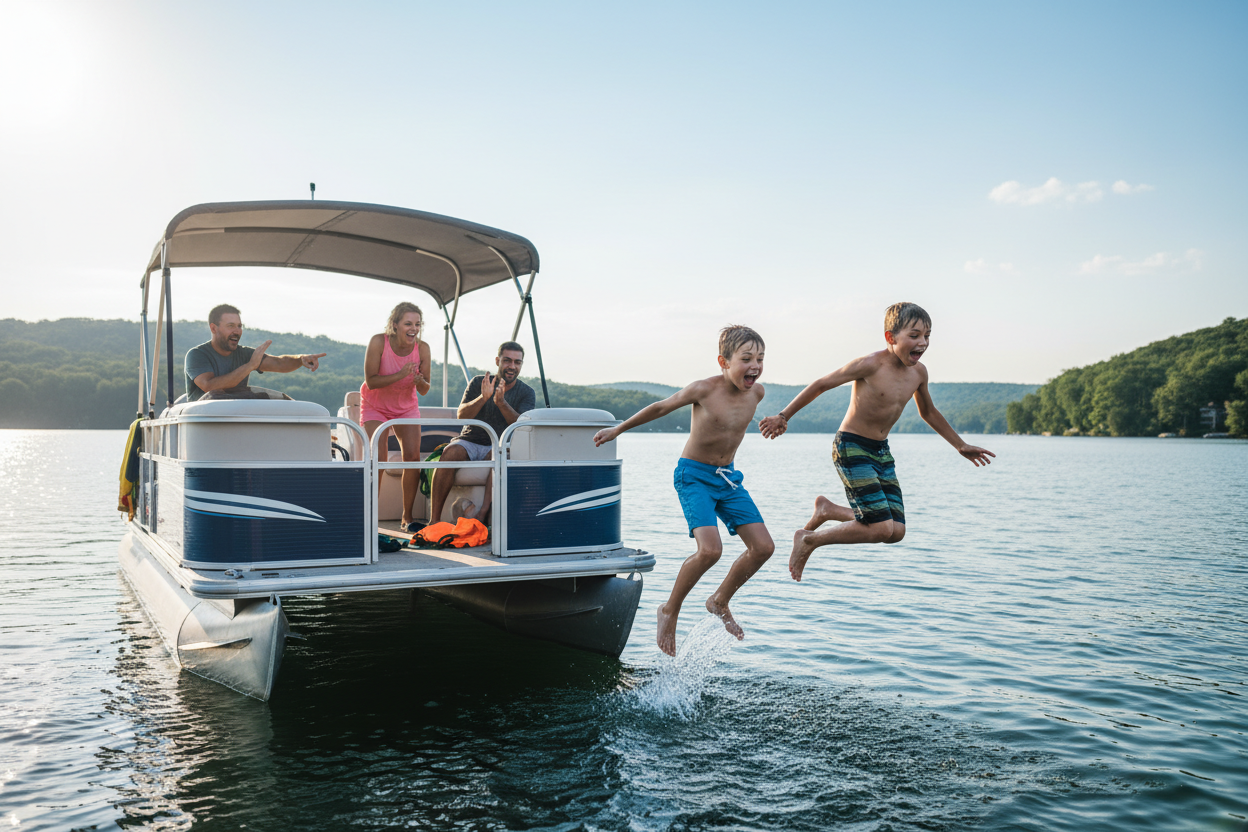Kids jumping off a pontoon boat on a summer lake